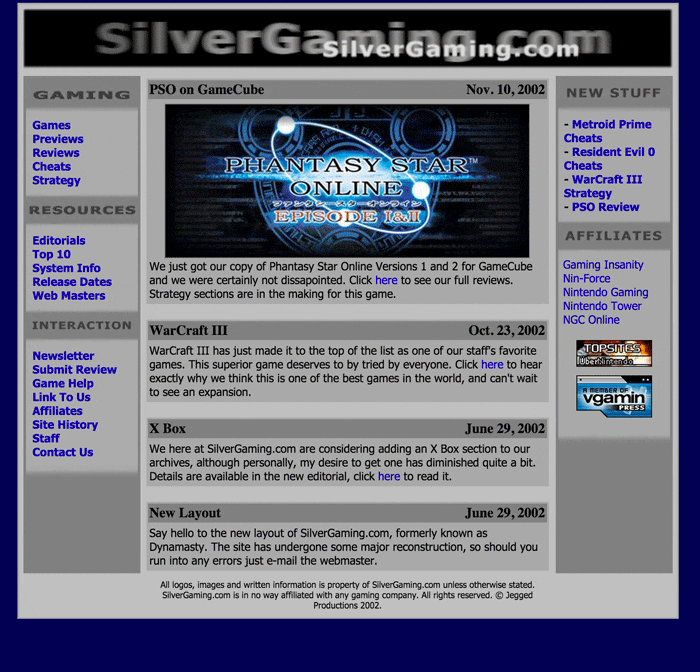 Screenshot of the SilverGaming.com website