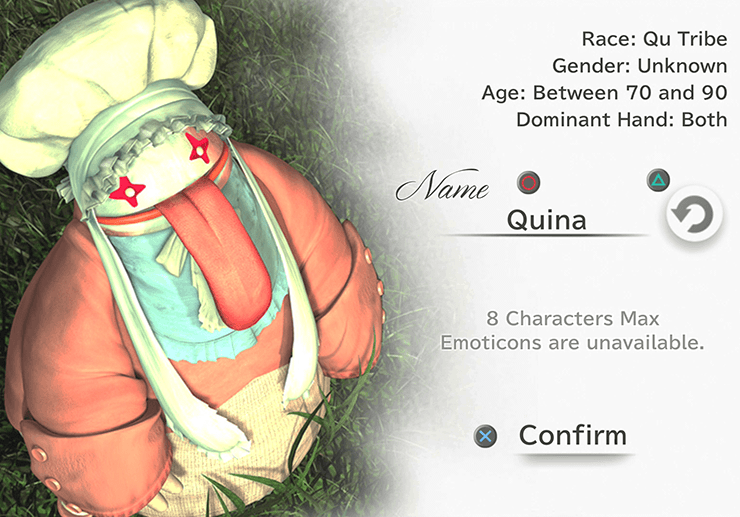 Quina Character Naming Screen