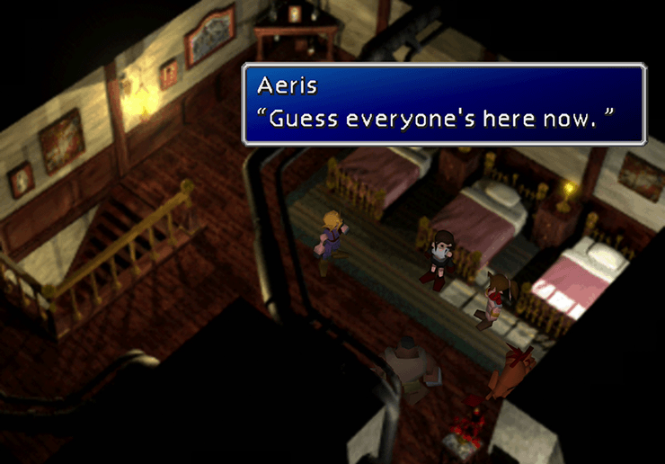 Aeris commenting that everyone is here at the second floor of the Kalm inn