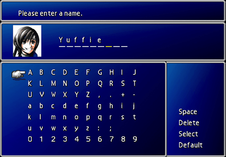 Yuffie Naming Screen