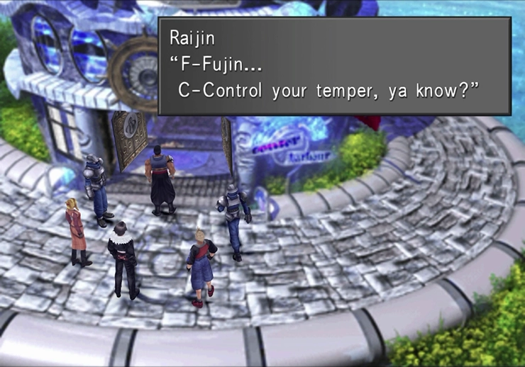 Raijin getting kicked out of the Balamb Town hotel by Fujin