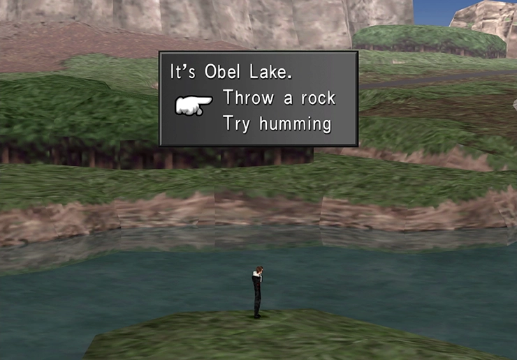 The menu that appears at Obel Lake to throw a rock or try humming