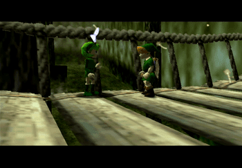 Link and Saria meeting on the bridge leading to Hyrule Field