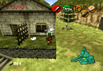 Using the first Cucco to get across to the platform in front of the House of Skulltula