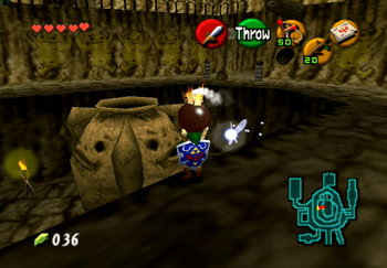 Throwing a Bomb Flower into the large pot in the center of Goron City