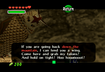 The Owl asking if Link wants a ride back down Death Mountain