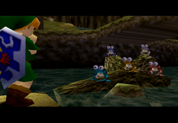 Link playing his Fairy Ocarina to the group of frogs