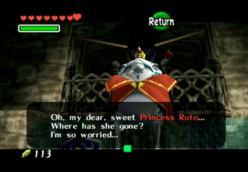 Talking to King Zora to have him explain that Princess Ruto is missing