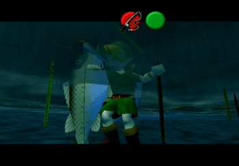 Young Link holding a large fish at the Fishing Pond