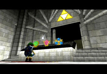 Link standing in front of the three Spiritual Stones at the altar of the Temple of Time