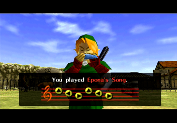 Playing Epona’s Song to call Epona the horse over in the Lon Lon Ranch horse pen