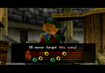 Adult Link learning the Song of Storms in the Windmill