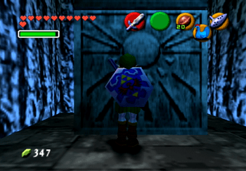 Link standing in front of a blue Stone of Time