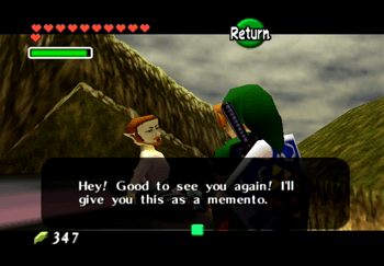 Speaking to the man on roof who gives Link a Piece of Heart as a memento