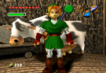 Link withe the Lon Lon Cow inside of his house in Kokiri Forest