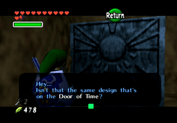 Link standing in front of a blue block with the Door of Time design on it