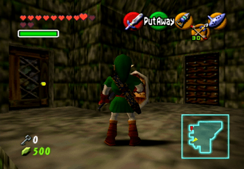 Link looking at the two doors on the far wall