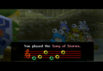 Playing the Song of Storms to the frogs in the river
