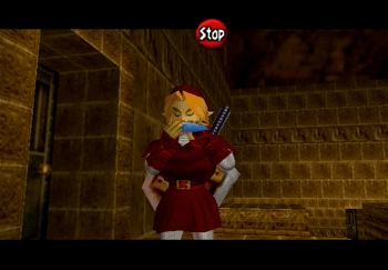 Link playing the Ocarina of Time in the Fire Temple
