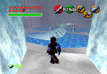 Link standing in front of the Ice Cavern room with the spinning ice