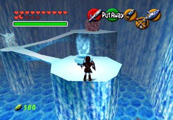 Link standing in front of the blue flame cauldron in the Ice Cavern