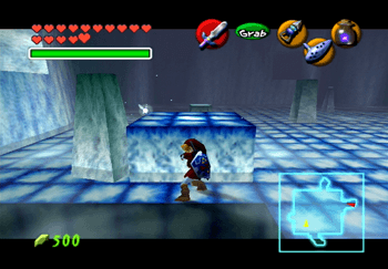 Link pushing the ice block around the room