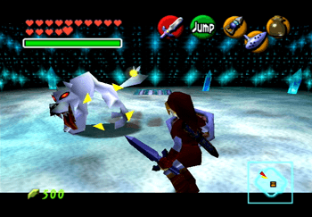 Link attacking a Wolfos in the last room of the Ice Cavern