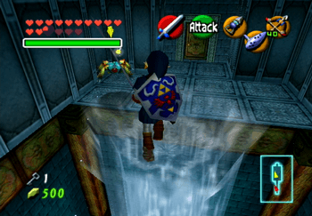 Link jumping across the pillars of water to reach the other side of the room