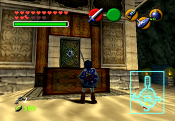Link looking at the locked door on the central pillar of the Water Temple