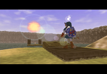Link looking on towards the Fire Arrows in the center of Lake Hylia