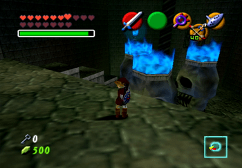 Link looking upon the three skulls with blue flames