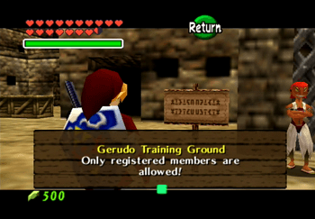 Link reading the Gerudo Training Grounds sign - only registered members are allowed