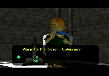 Young Link warping back to the Desert Colossus