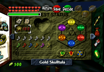 Quest Status screen with 100 out of 100 Gold Skulltulas complete