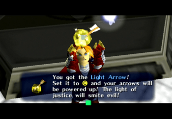 Link obtaining the Light Arrows from Zelda to defeat Ganondorf