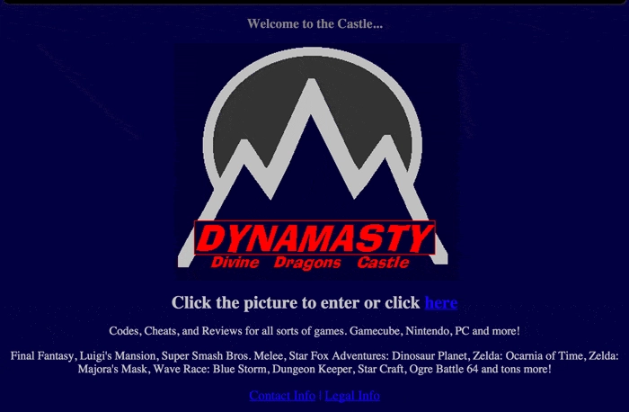 Screenshot of the Geocities website, Dynamasty, Divine Dragons Castle