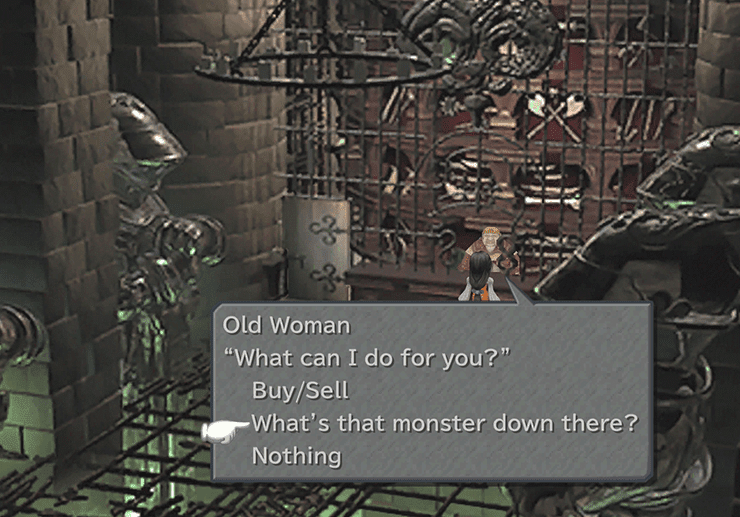 Speaking to the Old Woman to initiate the Monster Challenge side quest in the Knight’s House in Treno