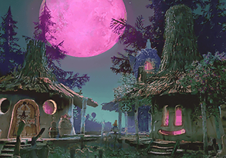 Cutscene involving Vivi in the Black Mage Village with a pink moon in the background