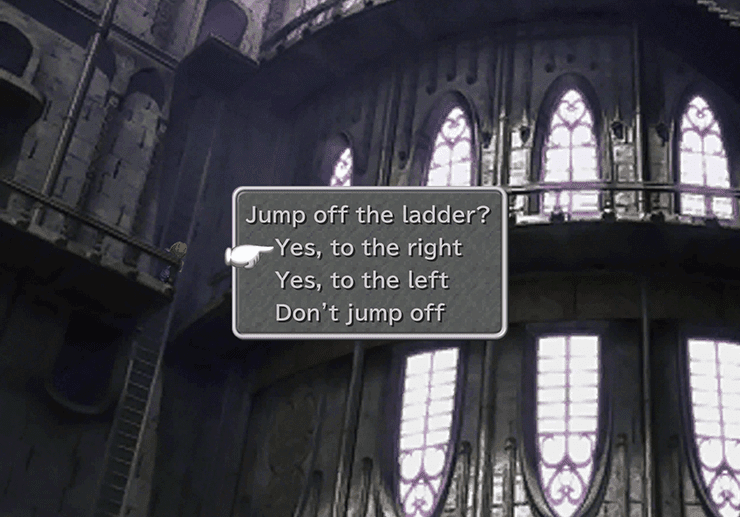 Jump off the ladder to the right or left