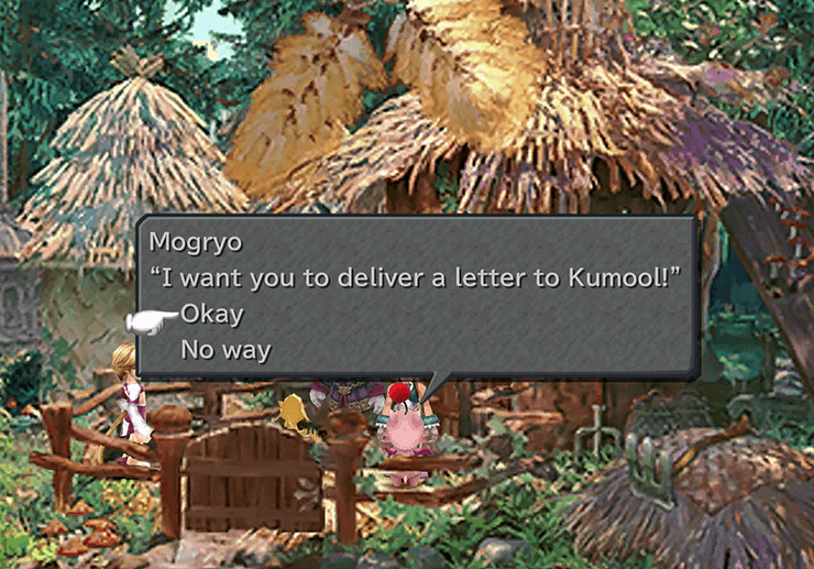Speaking to Mogyro in Black Mage Village near the Chocobo Hut to take the letter for Kumool