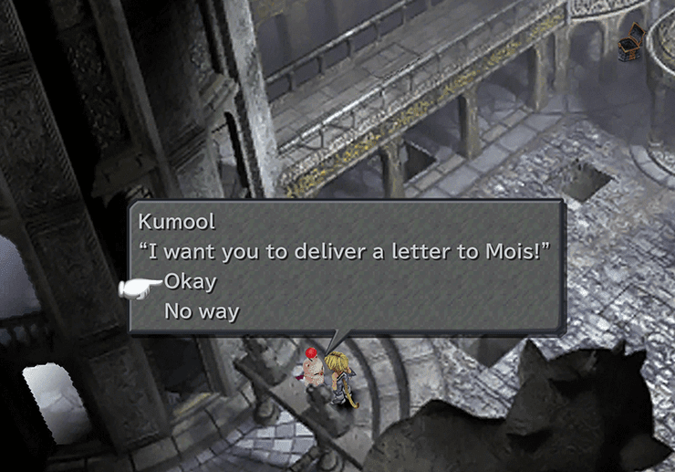 Speaking to Kumool in Ipsen’s Castle to take the letter for Mois