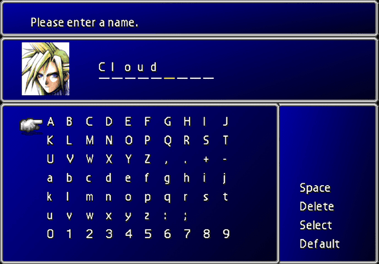 Cloud naming screen