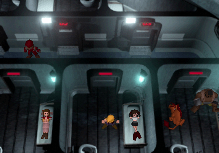 Cloud, Aeris, Tifa, Barret and Red XIII in the Shinra Prison