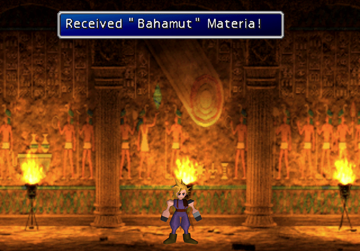 Cloud picking up the Bahamut Summon Materia