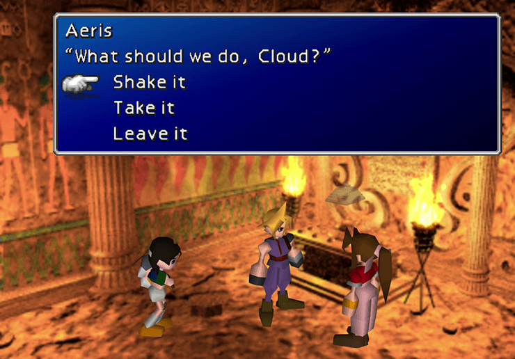 Cloud, Aeris and Yuffie discovering the secret of the Black Materia