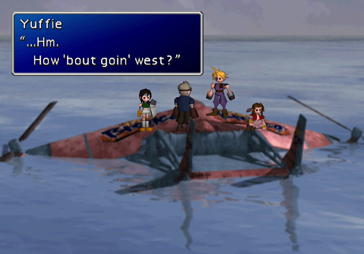 Yuffie convincing the team to head west out to Wutai