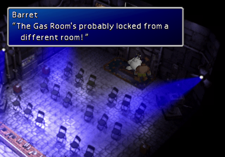 Barret and Cait Sith escaping the press room