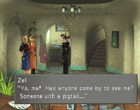 Zell speaking to his mother about the girl with the pigtail