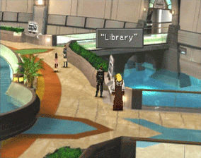Squall checking out the Library sign in Balamb Garden