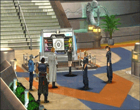Squall meeting up with Quistis, Seifer and Zell at the entrance to Balamb